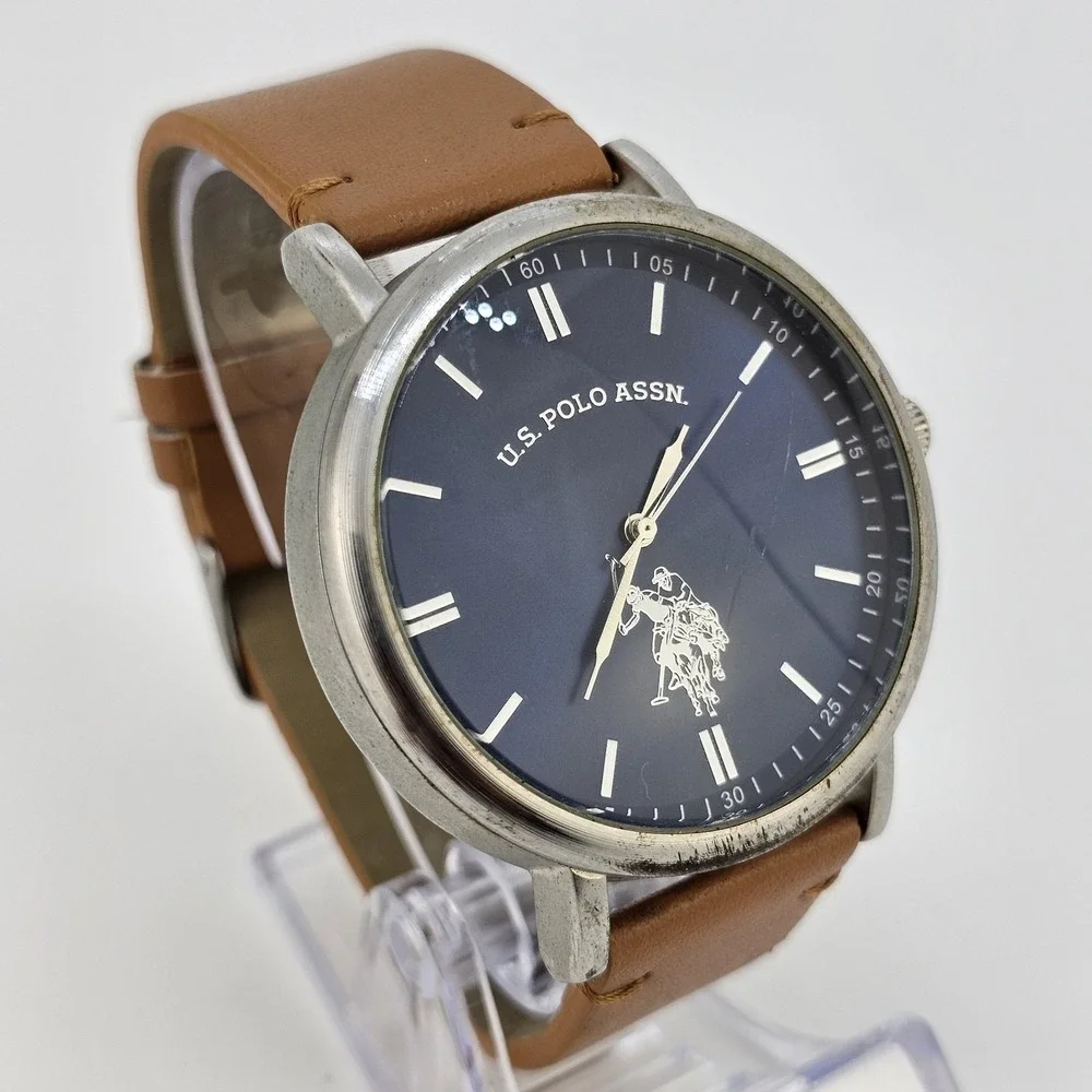 US Polo Assn Men's Watch 46MM Blue Dial Brown Faux Leather Bands New Battery